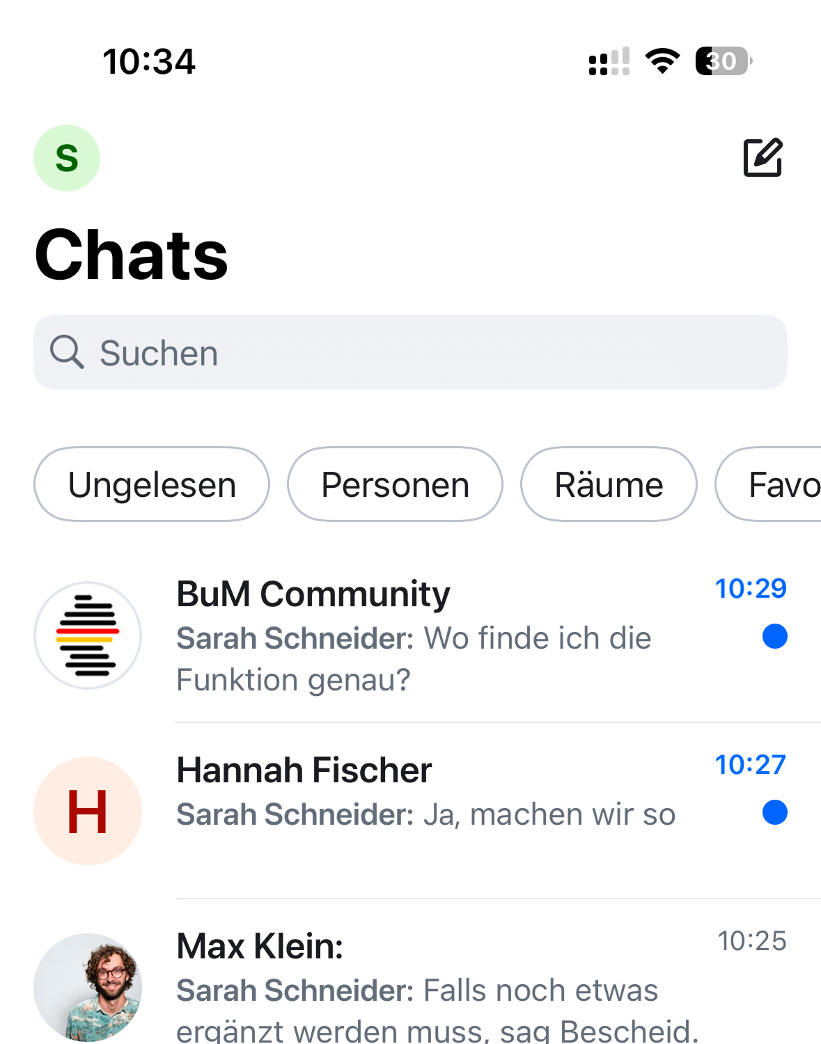 Das Bild zeigt einen Screenshot der BundesMessenger Chat-liste